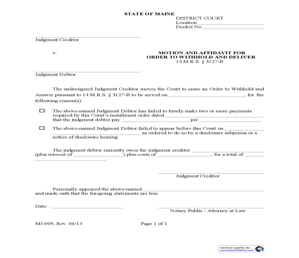 Motion And Affidavit For Order To Withhold And Deliver {MJ-009} | Pdf Fpdf Doc Docx | Maine