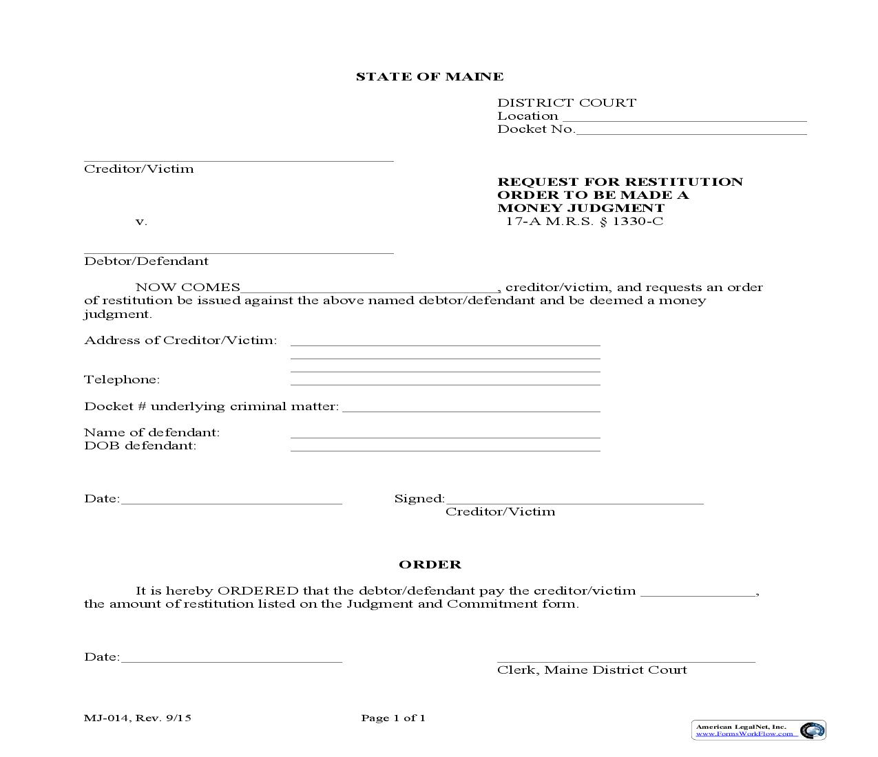 Request For Restitution Order To Be Made A Money Judgment {MJ-014} | Pdf Fpdf Doc Docx | Maine