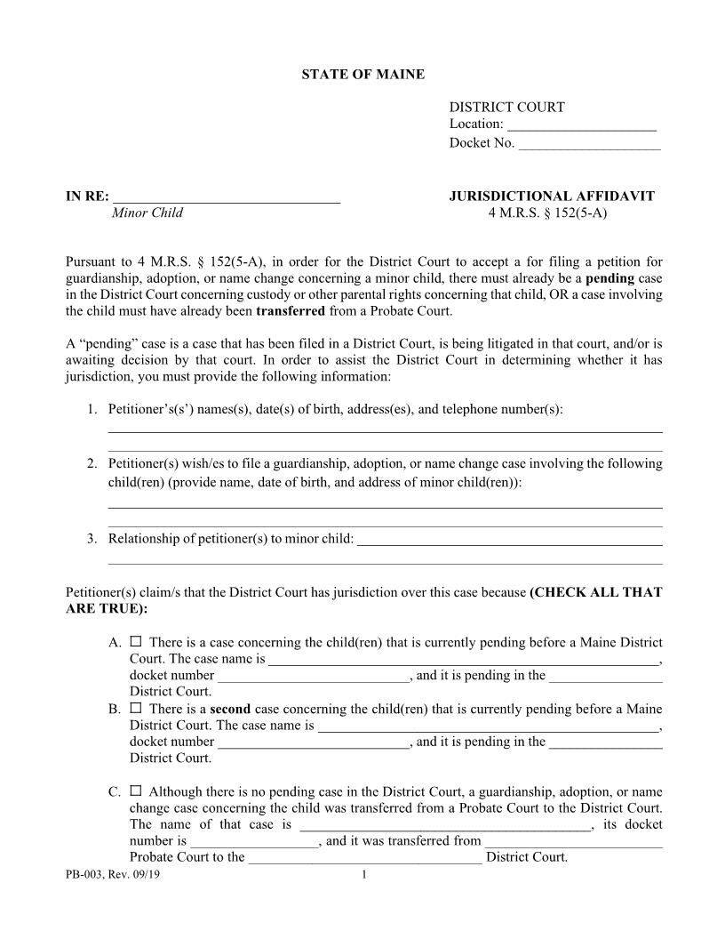 Jurisdictional Affidavit {PB-003} | Pdf Fpdf Doc Docx | Maine