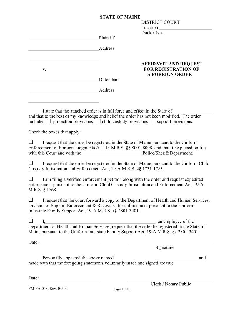 Affidavit And Request For Registration Of A Foreign Order {FM-PA-058} | Pdf Fpdf Docx | Maine