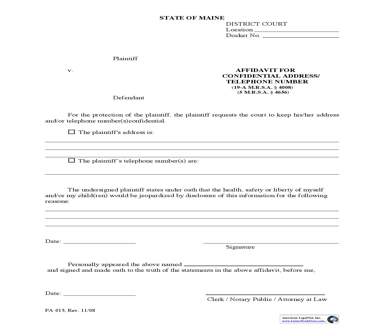 Affidavit For Confidential Address {PA-015} | Pdf Fpdf Doc Docx | Maine