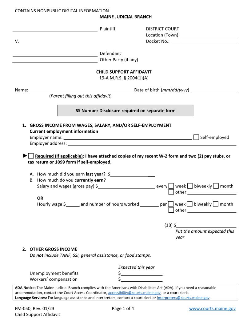 Child Support Affidavit {FM-050} | Pdf Fpdf Doc Docx | Maine