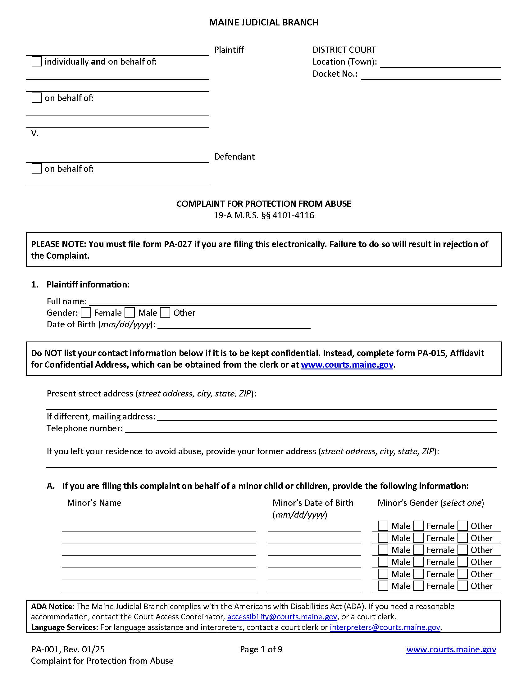 Complaint For Protection From Abuse {PA-001} | Pdf Fpdf Doc Docx | Maine