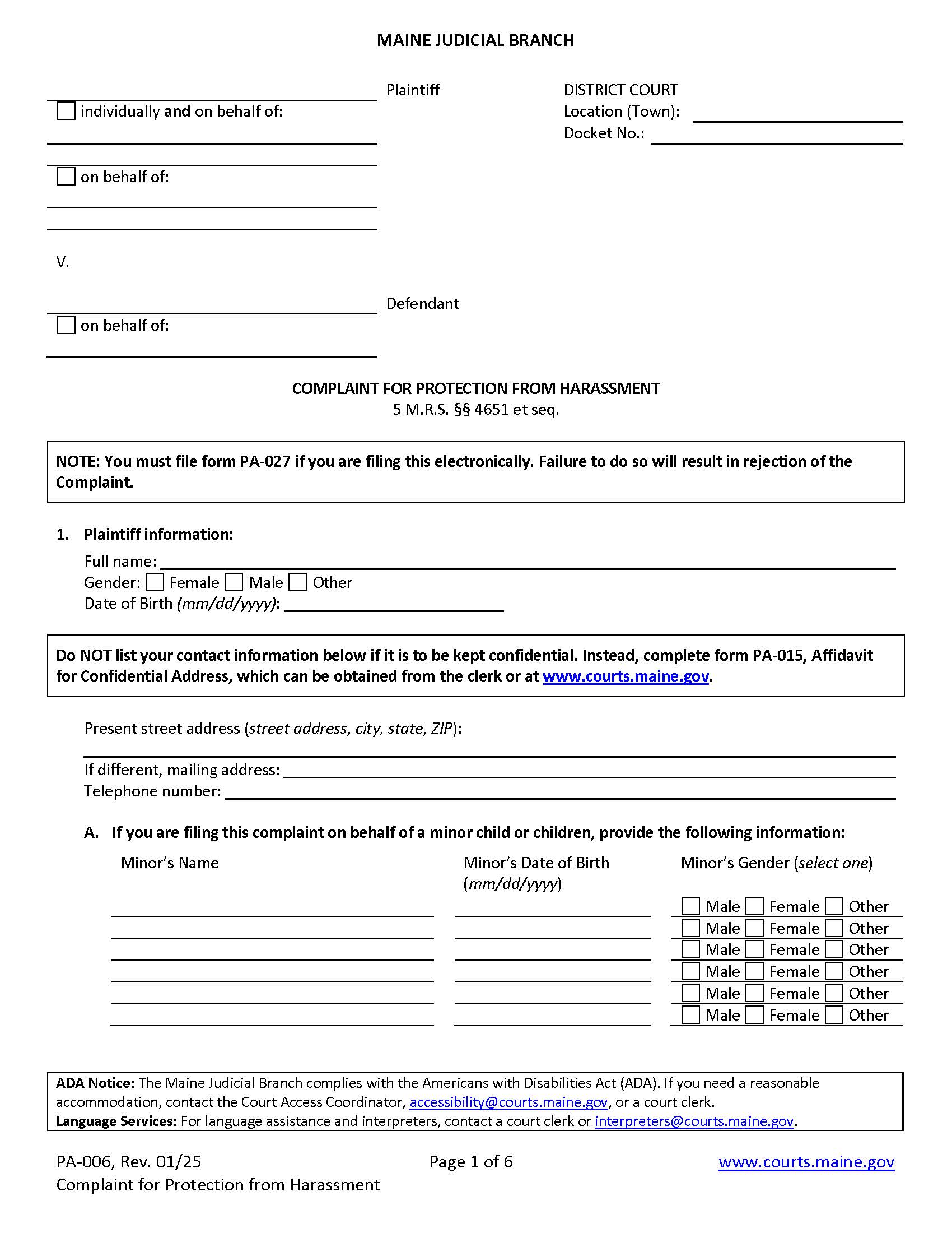 Complaint For Protection From Harassment {PA-006} | Pdf Fpdf Doc Docx | Maine