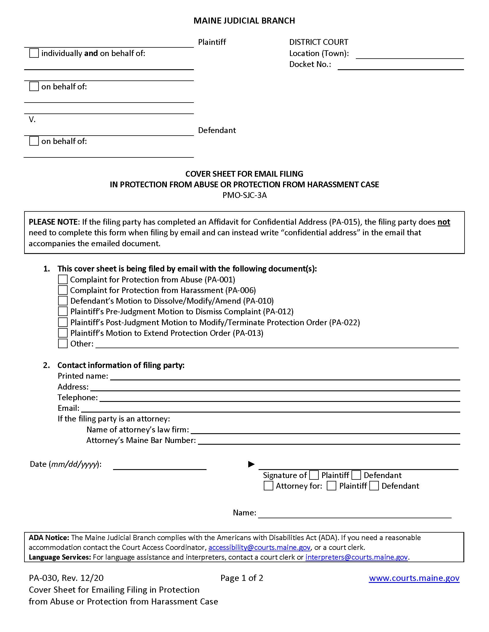 Cover Sheet For Email Filing In Protection From Abuse Or Protection From Harassment Case {PA-030} | Pdf Fpdf Docx | Maine
