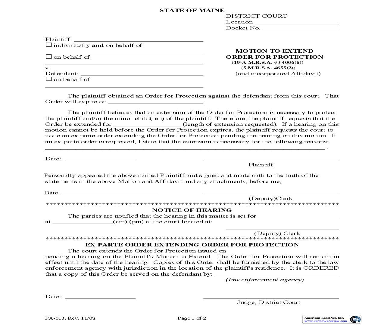 Motion To Extend Order For Protection {PA-013} | Pdf Fpdf Doc Docx | Maine