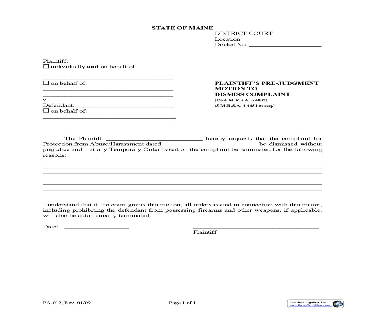 Plaintiffs Pre Judgment To Dismiss Complaint {PA-012} | Pdf Fpdf Doc Docx | Maine