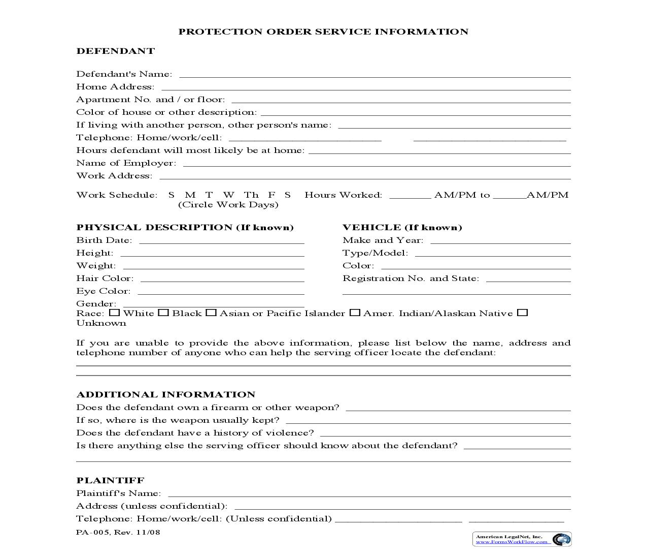 Protection Order Service Information {PA-005} | Pdf Fpdf Doc Docx | Maine