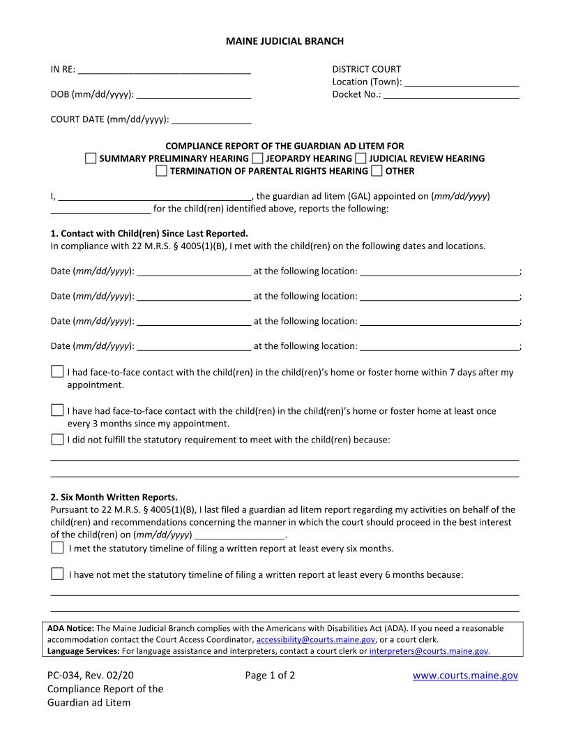 Compliance Report Of The Guardian Ad Litem {PC-034} | Pdf Fpdf Docx | Maine