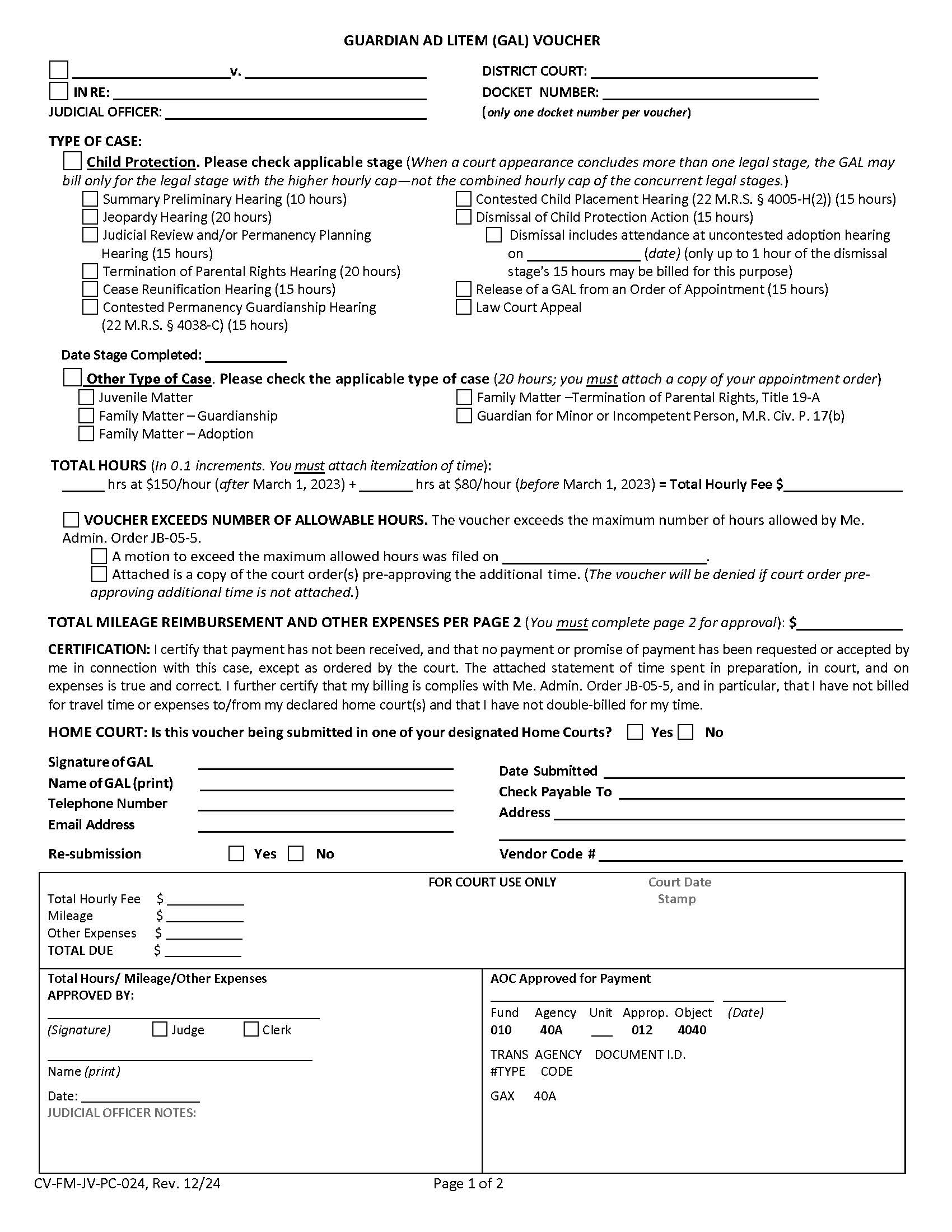 Guardian Ad Litem Gal Voucher {PC FM CV JV 024} | Pdf Fpdf Docx | Maine