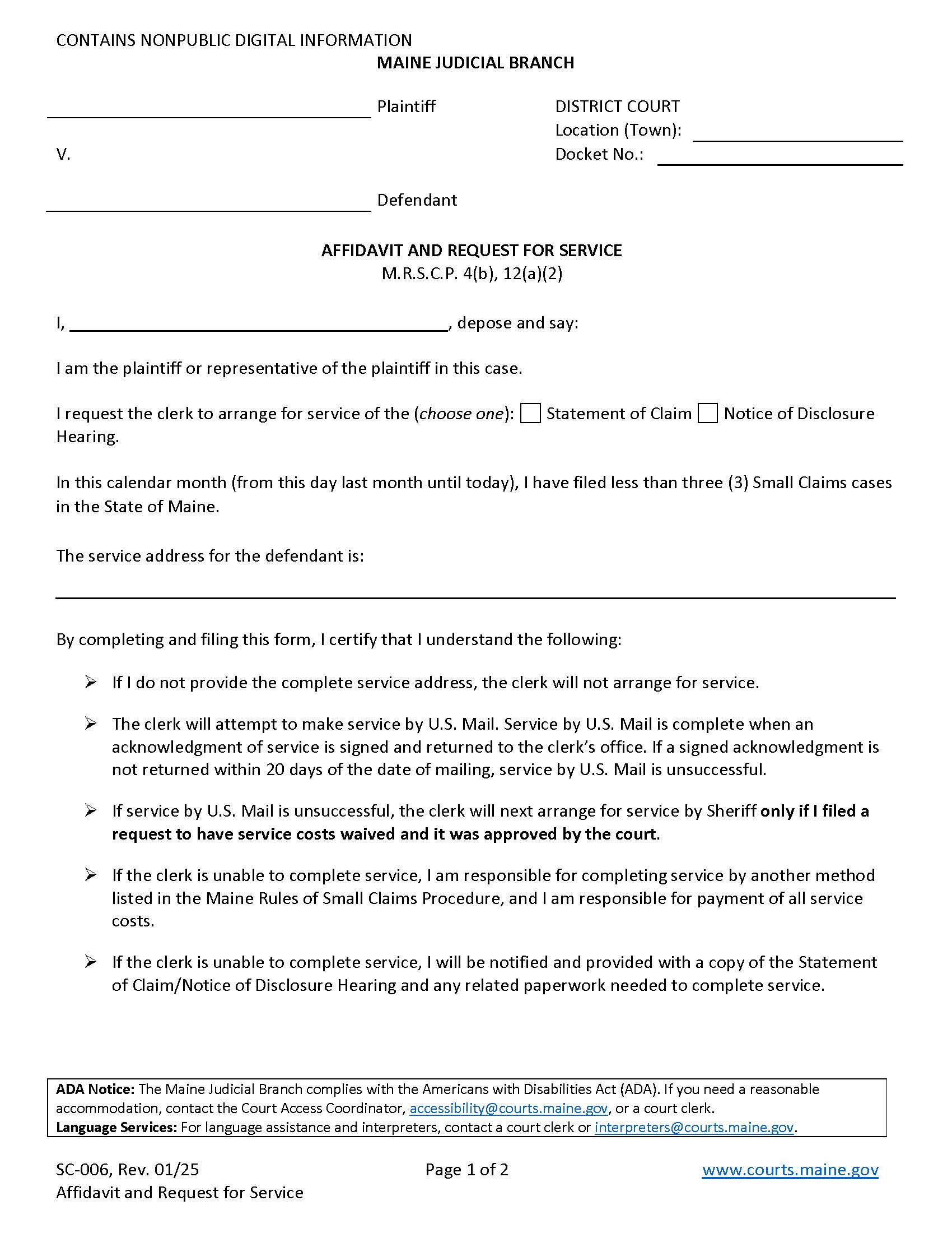 Affidavit And Request For Service {SC-006} | Pdf Fpdf Doc Docx | Maine
