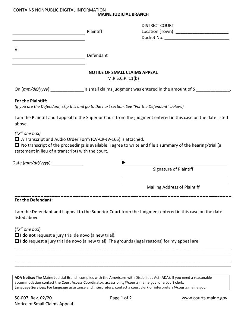 Notice Of Appeal {SC-007} | Pdf Fpdf Doc Docx | Maine