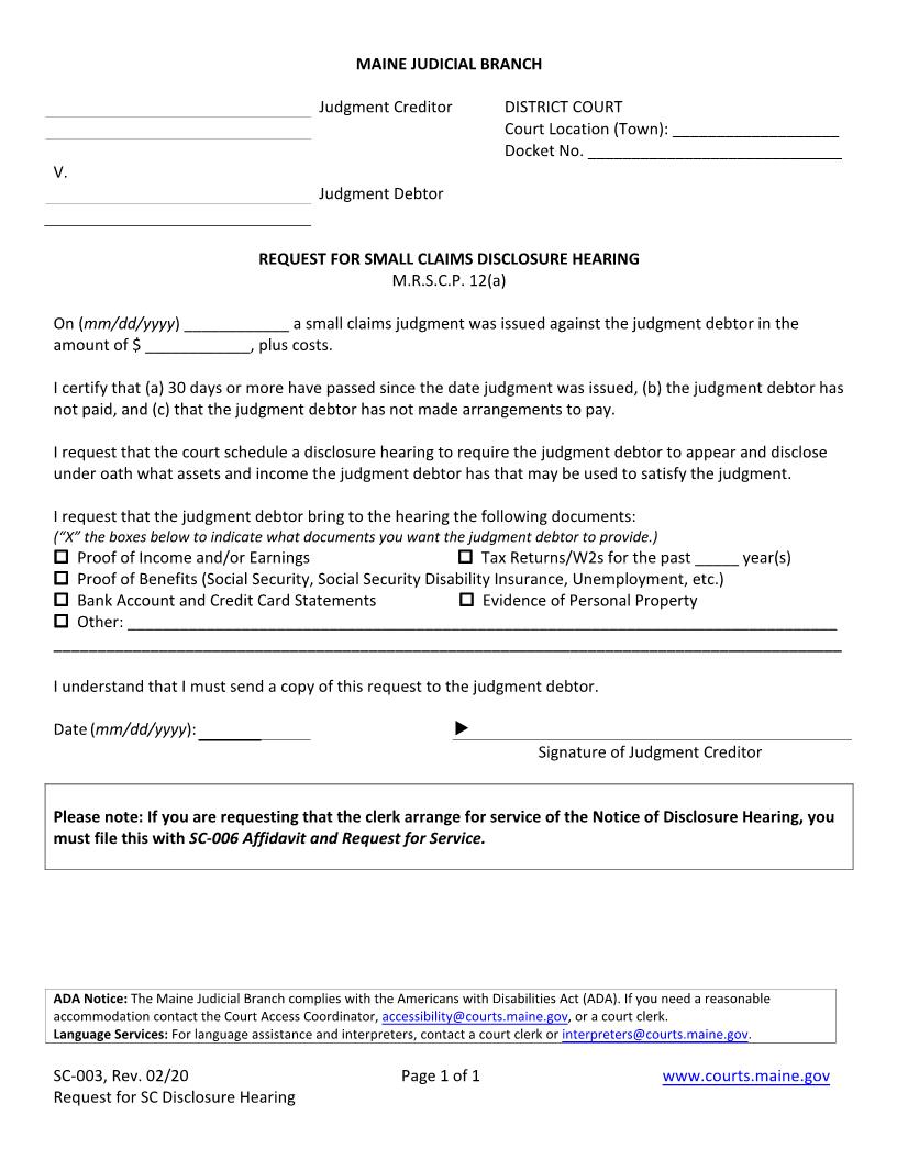 Request For Disclosure Hearing {SC-003} | Pdf Fpdf Doc Docx | Maine