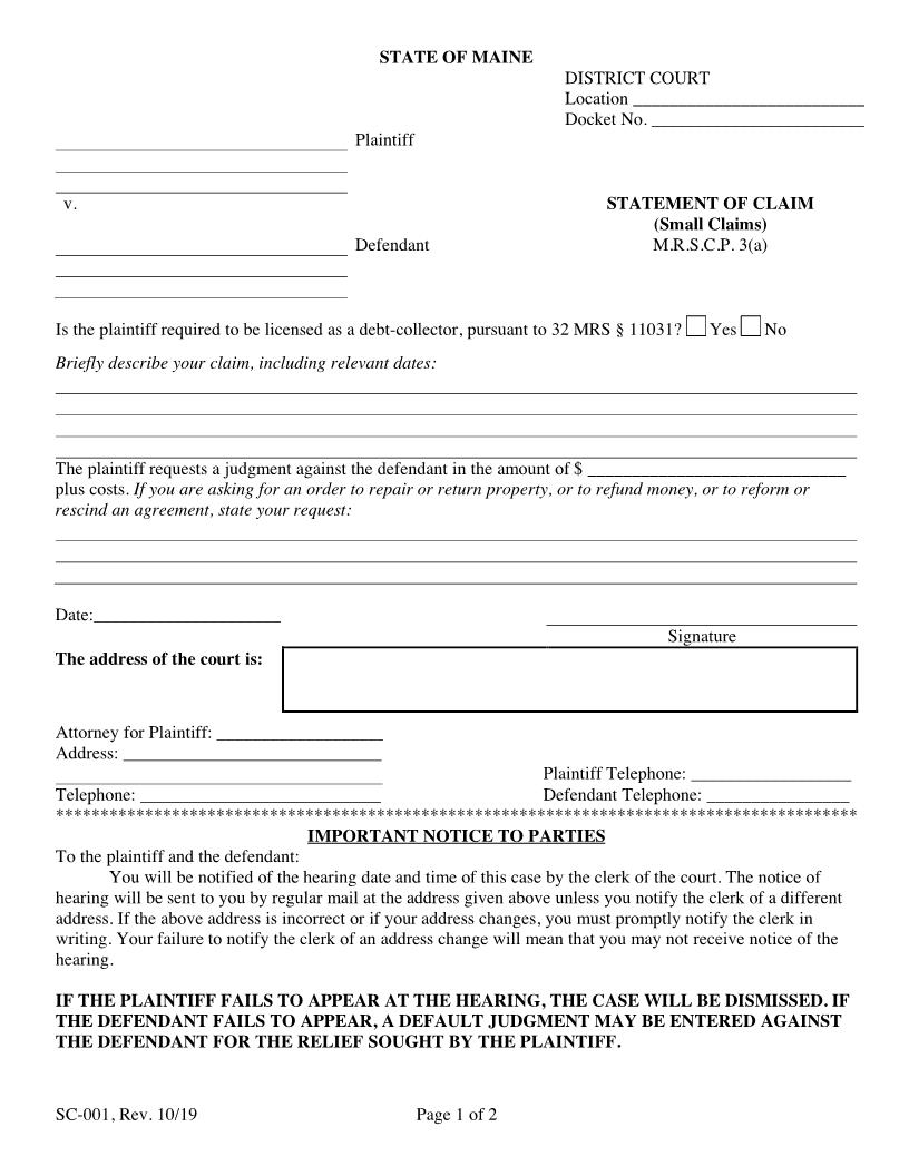 Statement Of Claim {SC-001} | Pdf Fpdf Doc Docx | Maine