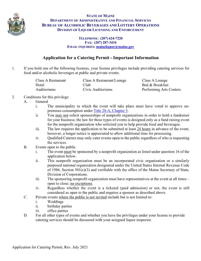 Application For A Catering Permit | Pdf Fpdf Docx | Maine