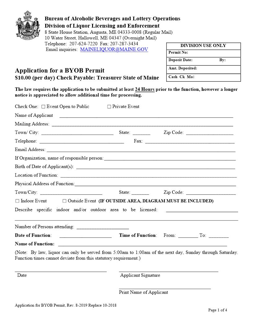 Application For BYOB Permit | Pdf Fpdf Docx | Maine