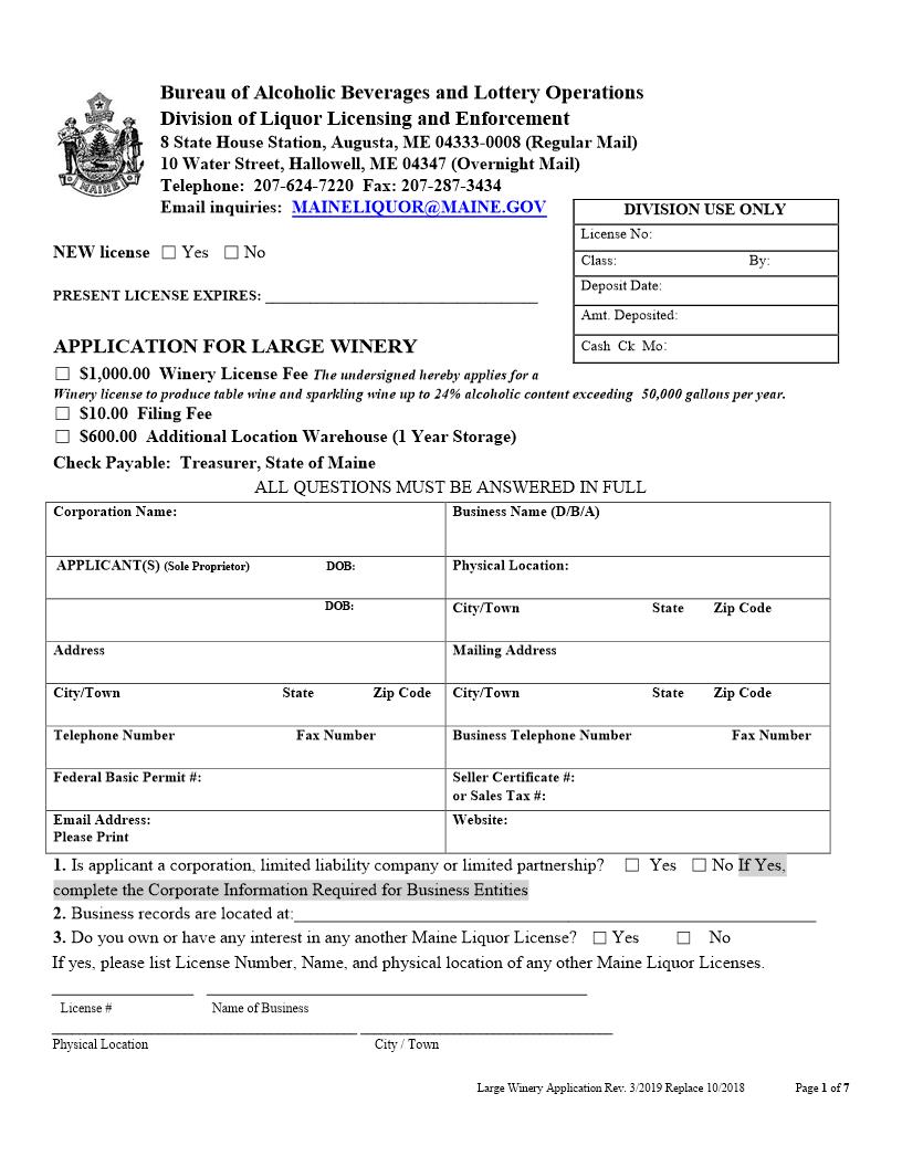 Application For Large Winery | Pdf Fpdf Docx | Maine