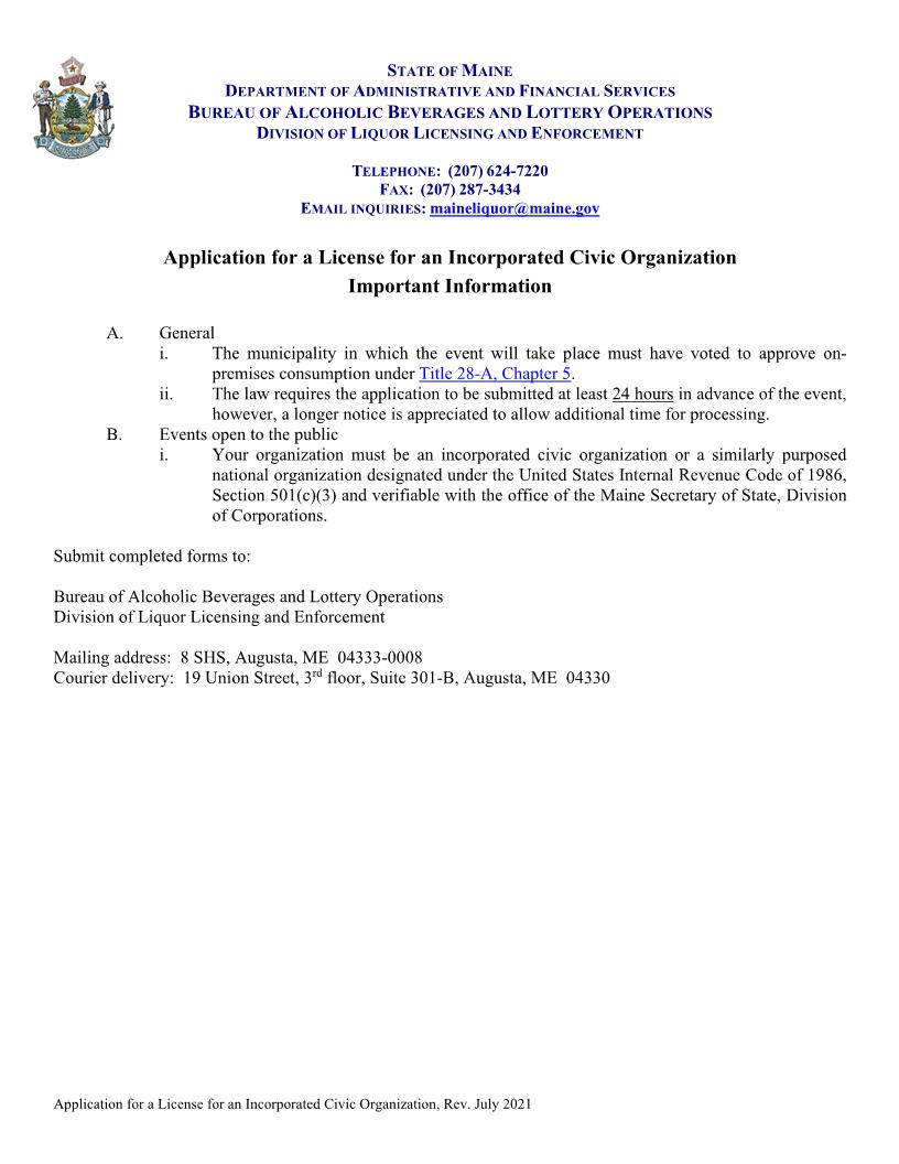 Application For License For Incorporated Civic Organization | Pdf Fpdf Docx | Maine