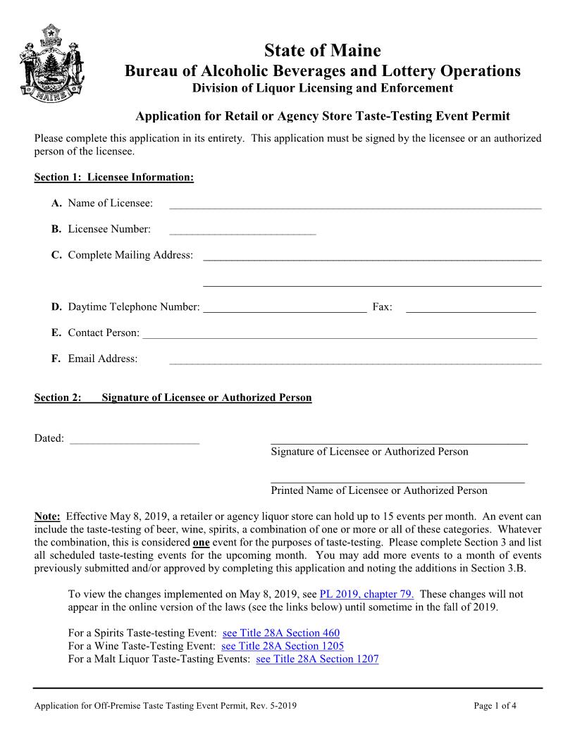 Application For Retail Or Agency Store Taste Testing Event Permit | Pdf Fpdf Docx | Maine