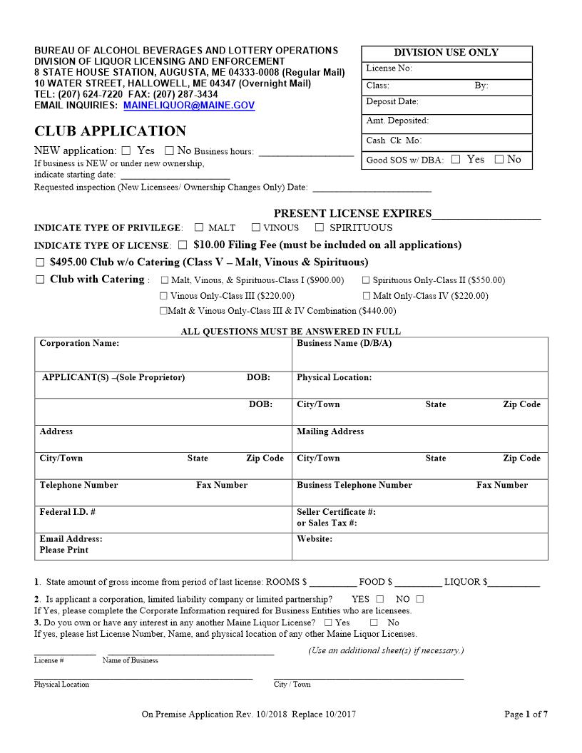 Club Application (On Premise) | Pdf Fpdf Docx | Maine