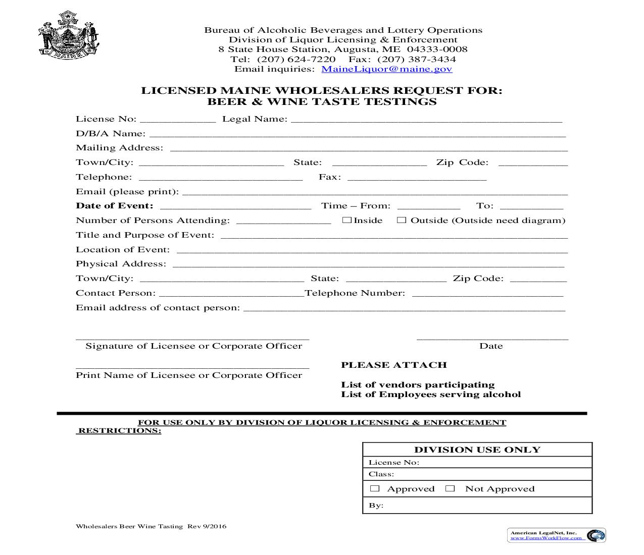 Licensed Maine Wholesalers Request For Beer And Wine Tastings | Pdf Fpdf Doc Docx | Maine