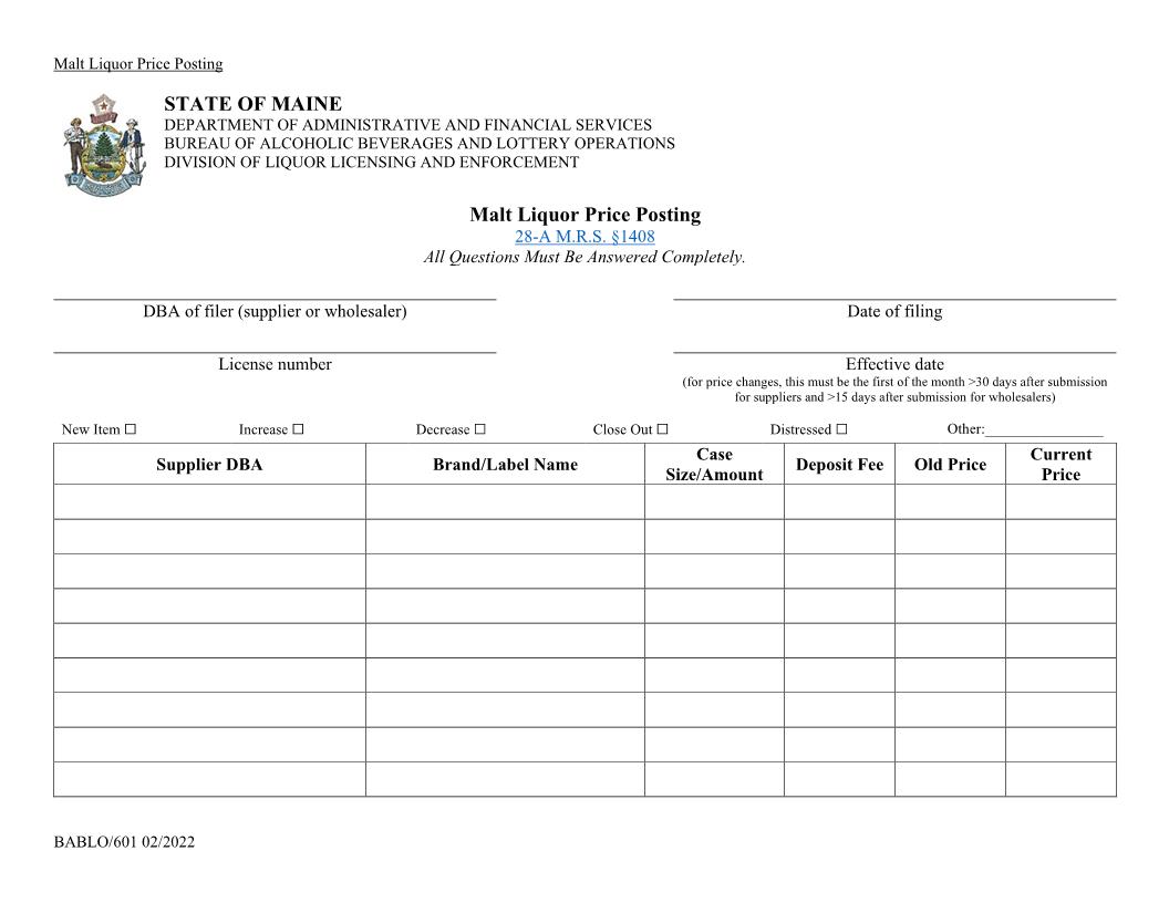 Malt Liquor Price Posting Form | Pdf Fpdf Docx | Maine