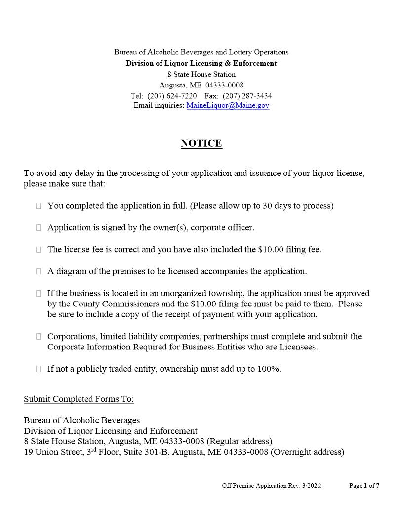 Off Premise Retail Application New And Renewals | Pdf Fpdf Docx | Maine