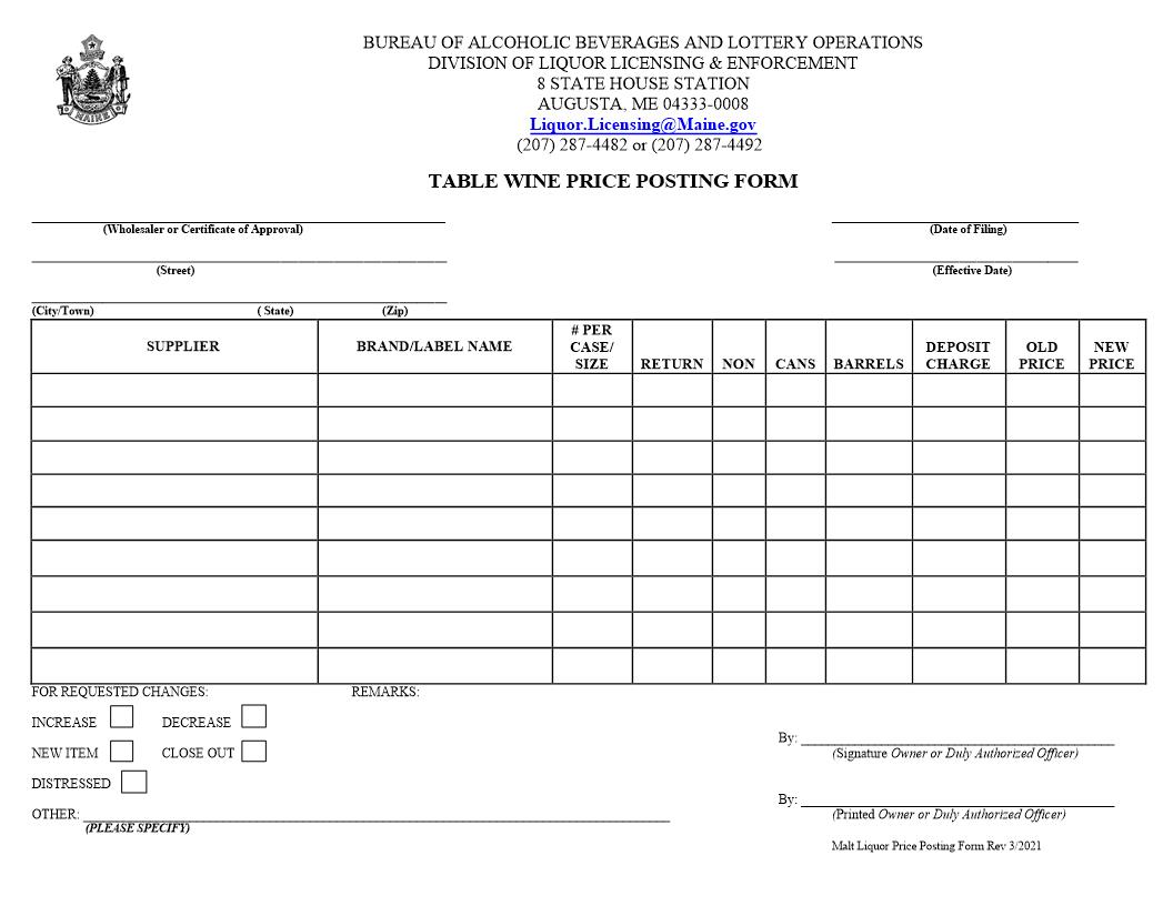 Table Wine Price Posting Form | Pdf Fpdf Docx | Maine