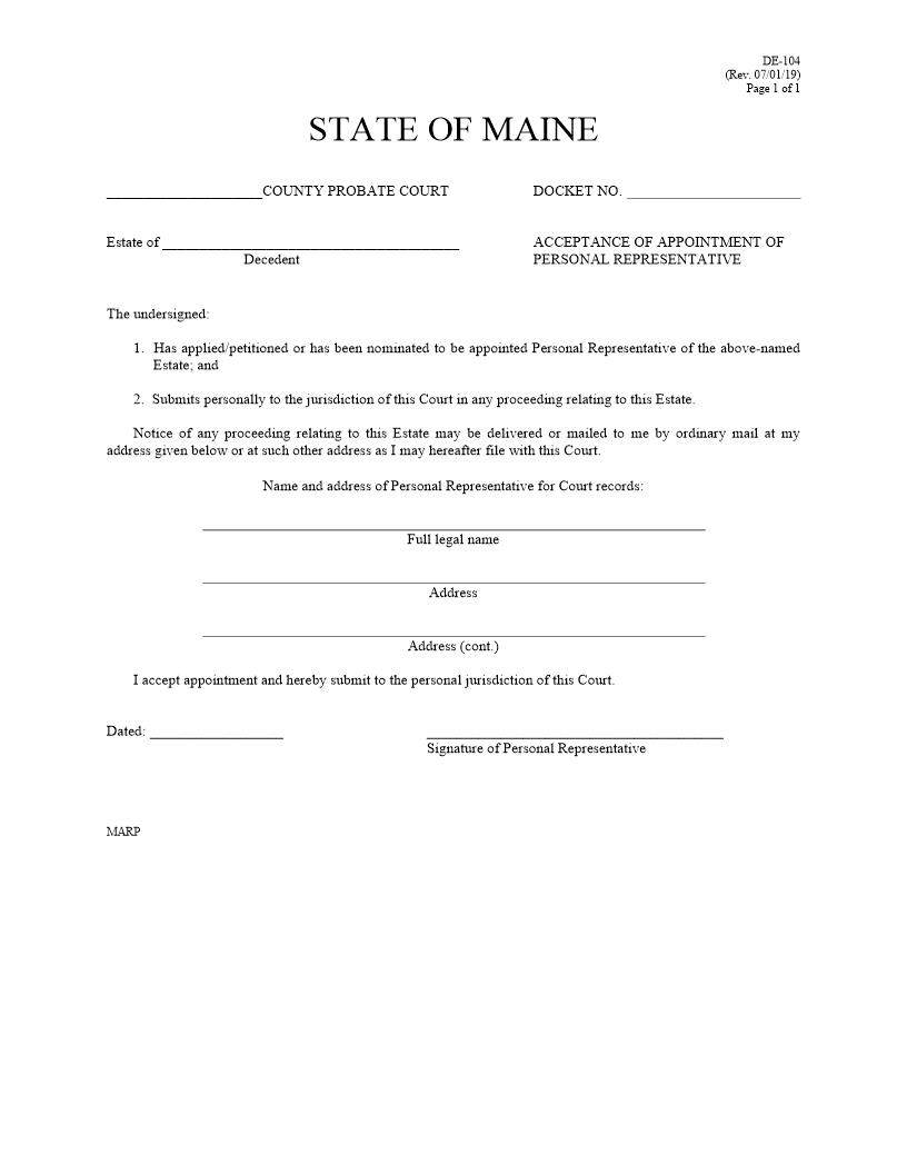 Acceptance Of Appointment Of Personal Representative {DE-104} | Pdf Fpdf Docx | Maine