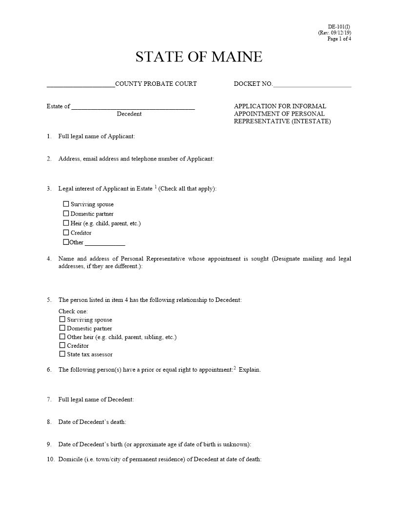 Application For Informal Appointment Of Personal Represenatative {DE-101(I)} | Pdf Fpdf Docx | Maine