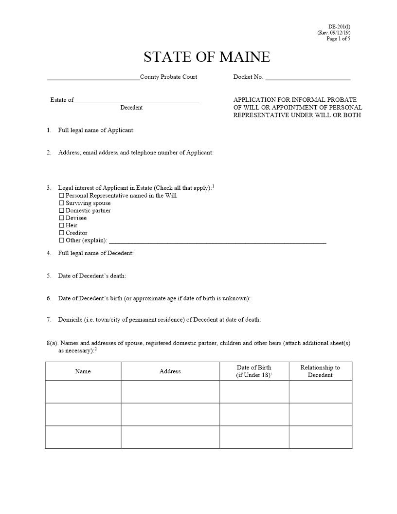 Application For Informal Probate Of Will Or Appointment Of Personal Representative {DE-201(I)} | Pdf Fpdf Docx | Maine