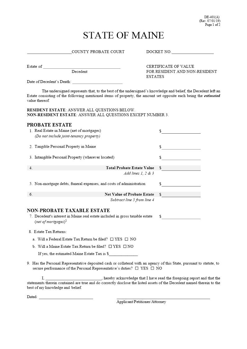 Certificate Of Value Resident And Non Resident {DE-401A} | Pdf Fpdf Docx | Maine