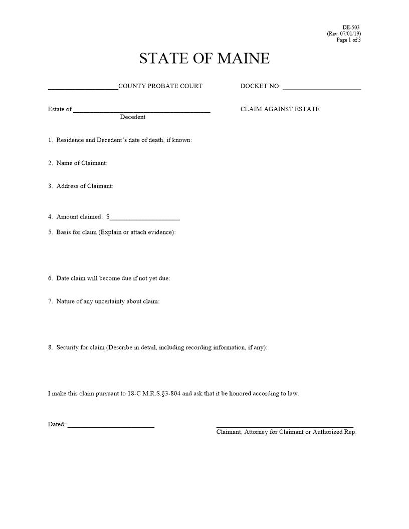 Claim Against Estate {DE-503} | Pdf Fpdf Docx | Maine