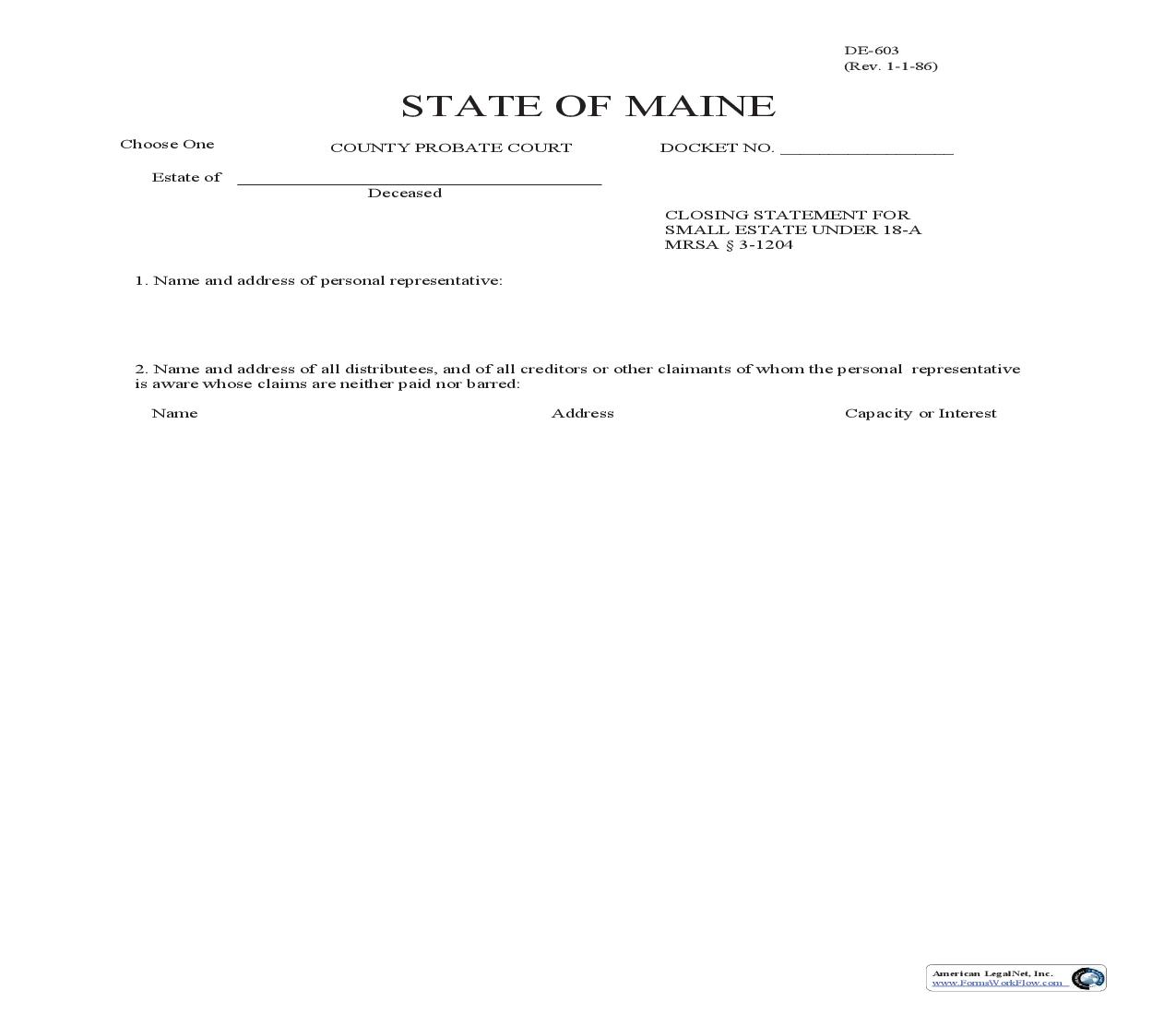 Closing Statement For Small Estate {DE-603} |  | Maine