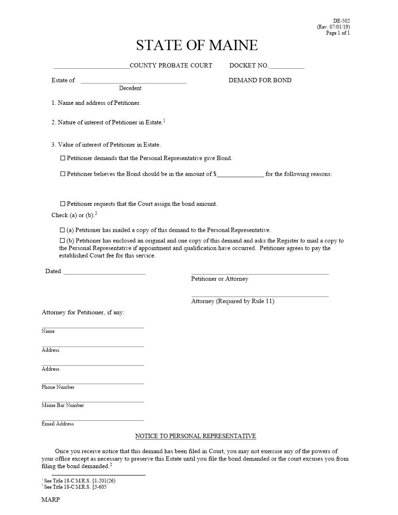 Demand For Bond {DE-502} | Pdf Fpdf Docx | Maine