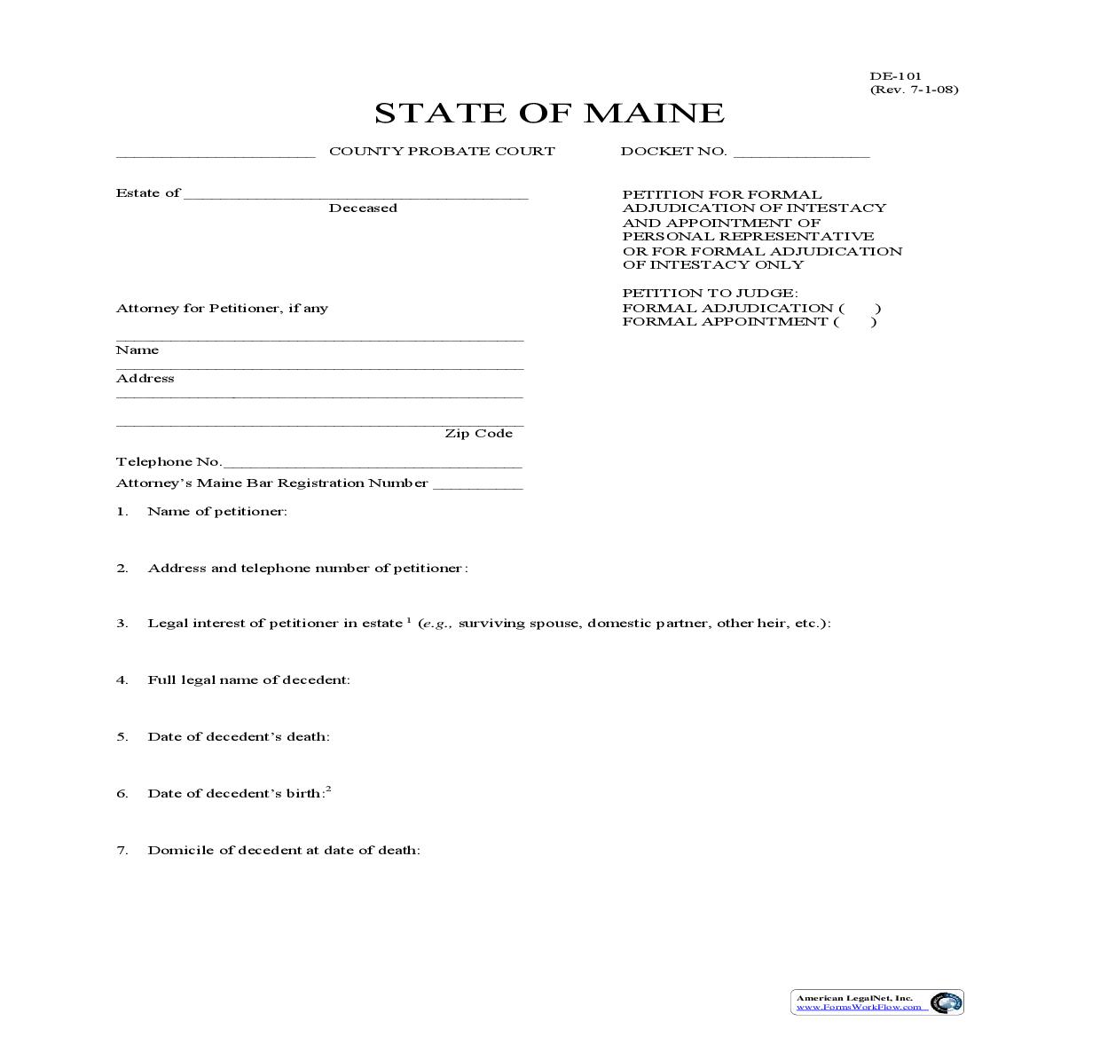 Intestate Petition (Formal Estate) {DE-101} |  | Maine