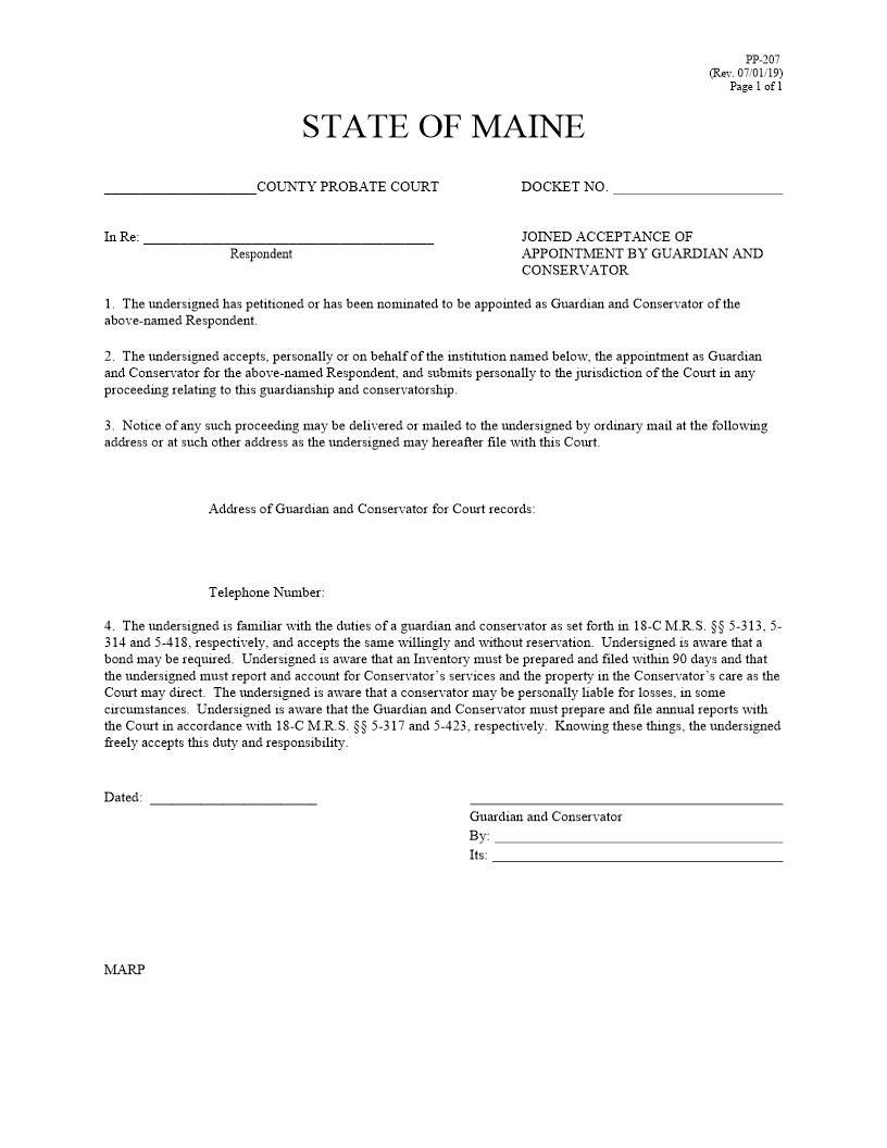 Joined Acceptance Of Appointment As Guardian And Conservator {PP-207} | Pdf Fpdf Docx | Maine