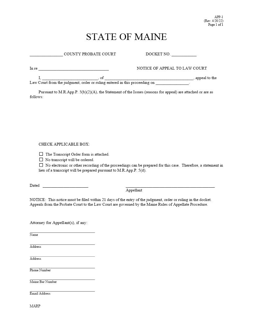 Notice Of Appeal To Law Court {APP-1} | Pdf Fpdf Docx | Maine