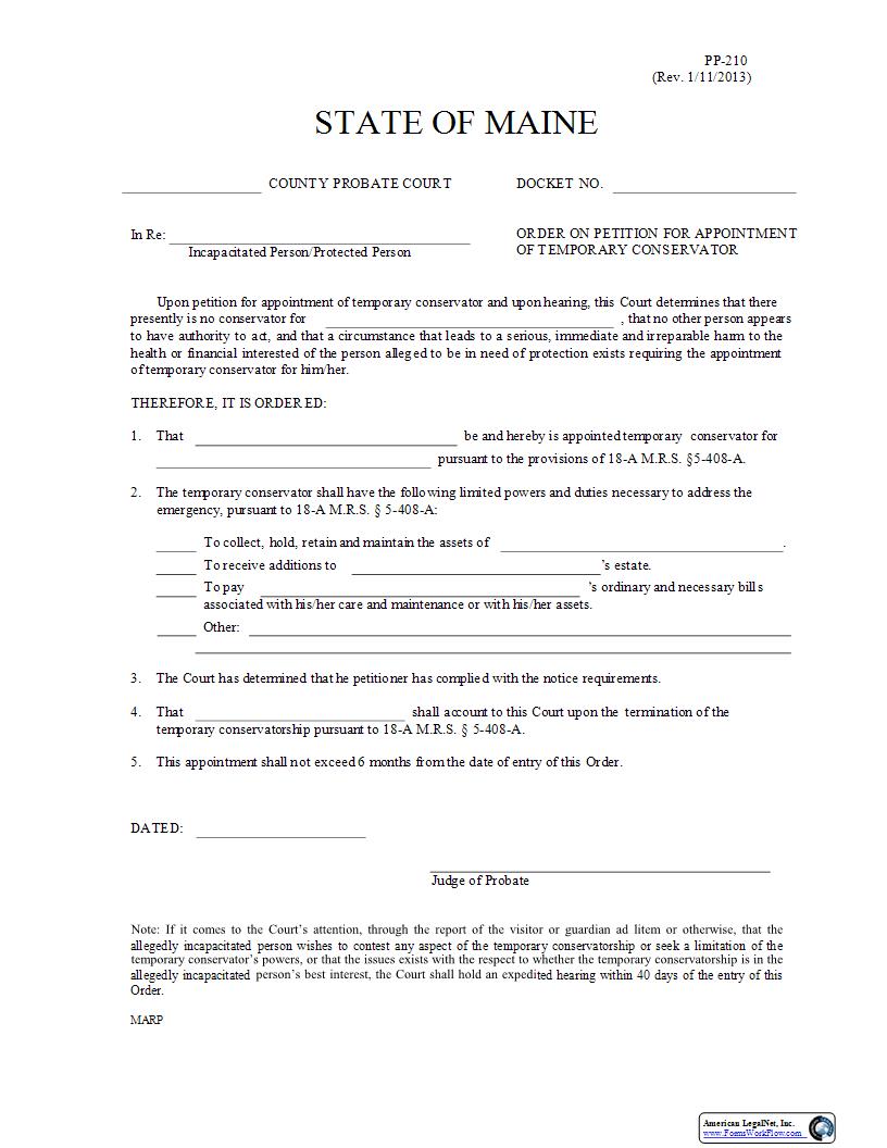 Order On Petition For Appointment Of Temporary Conservator {PP-210} | Pdf Fpdf Docx | Maine