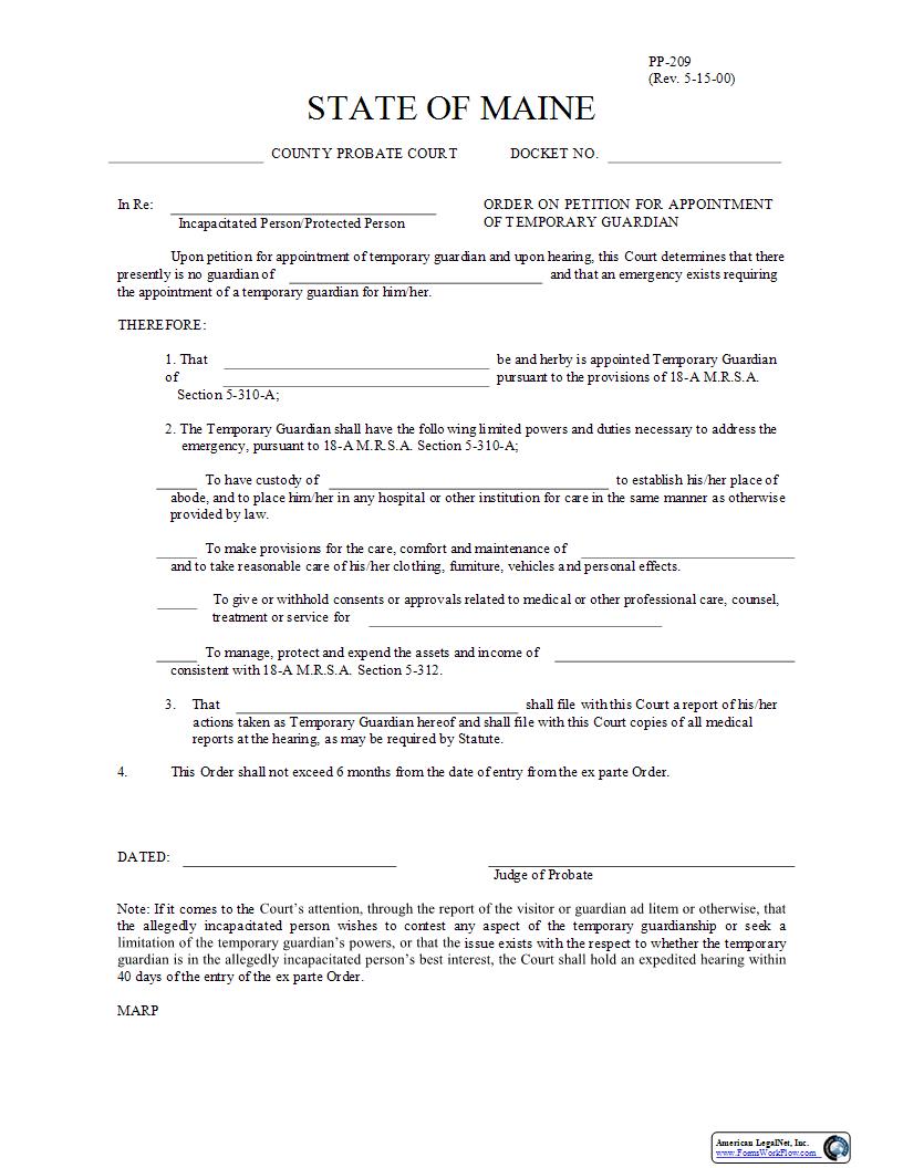Order On Petition For Appointment Of Temporary Guardian {PP-209} | Pdf Fpdf Docx | Maine