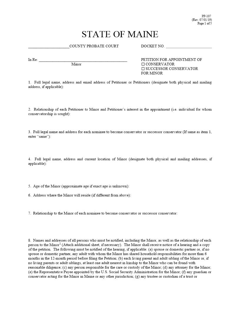 Petition For Appointment Of Conservator Of Minor {PP-107} | Pdf Fpdf Docx | Maine