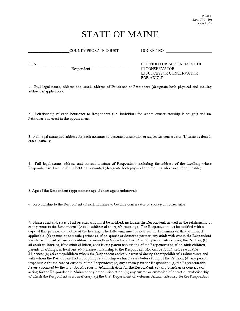 Petition For Appointment Of Conservator{PP-401} | Pdf Fpdf Docx | Maine