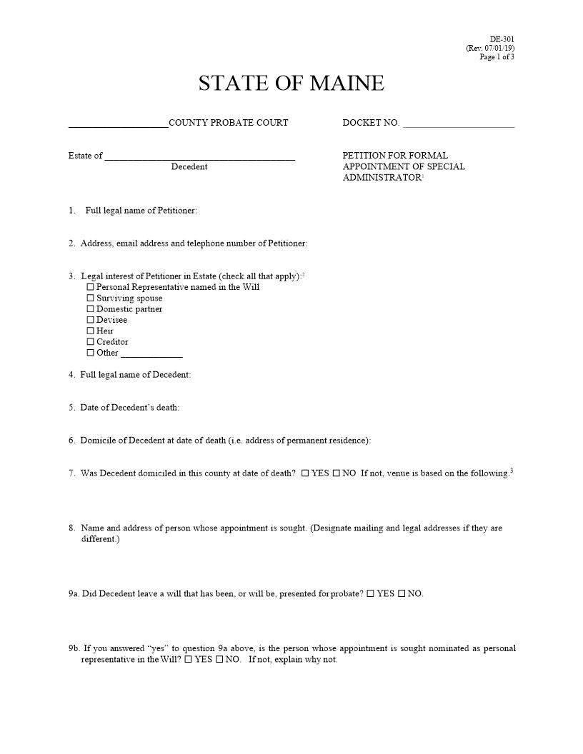 Petition For Formal Appointment Of Special Administrator {DE-301} | Pdf Fpdf Docx | Maine