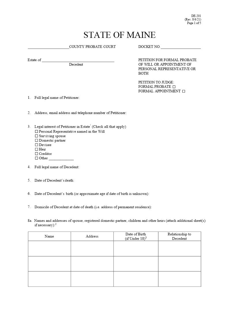 Petition For Formal Probate Of Will Or Appointment {DE-201} | Pdf Fpdf Docx | Maine