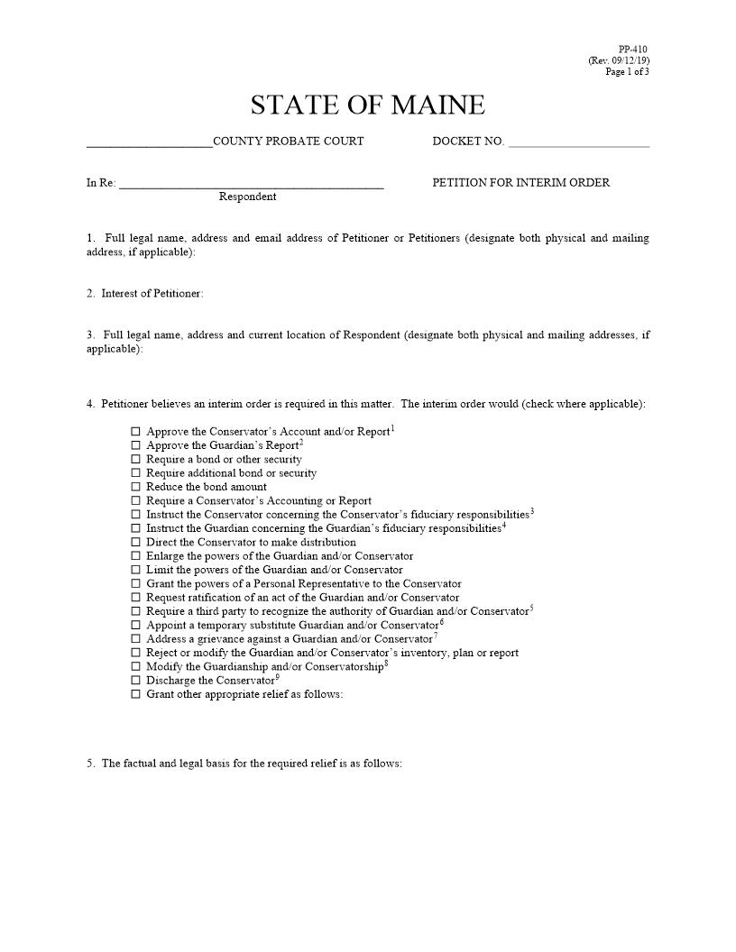 Petition For Interim Order {PP-410} | Pdf Fpdf Docx | Maine