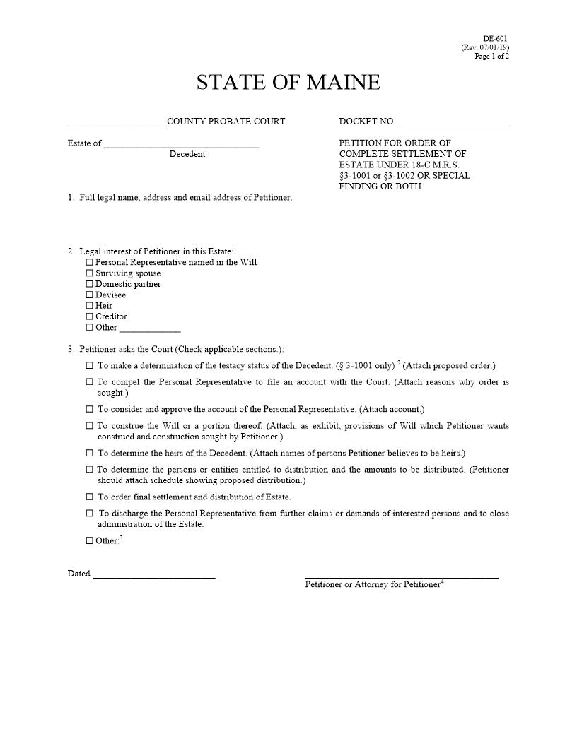 Petition For Order Of Complete Settlement Of Estate {DE-601} | Pdf Fpdf Doc Docx | Maine