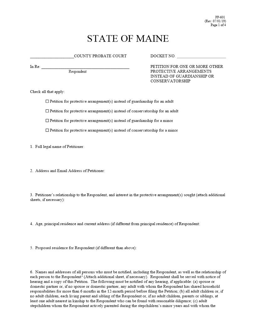 Petition For Other Protective Arrangements{PP-601} | Pdf Fpdf Docx | Maine