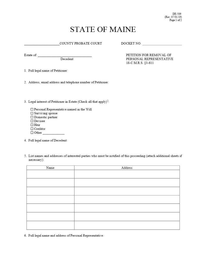 Petition For Removal Of Personal Representative {DE-509} | Pdf Fpdf Docx | Maine