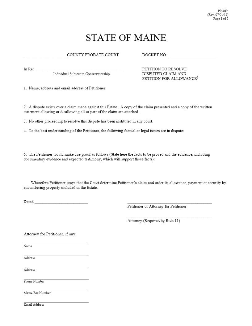Petition To Resolve Disputed Claim And Petition For Allowance{PP-409} | Pdf Fpdf Docx | Maine