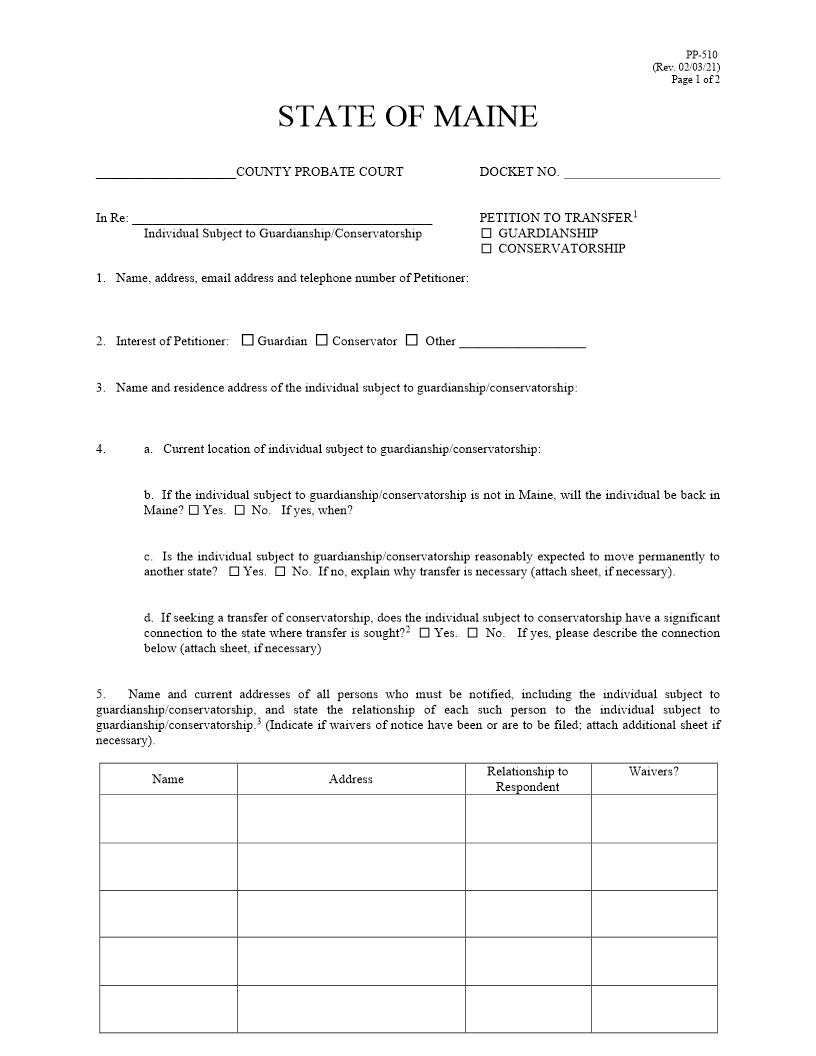 Petition To Transfer Guardianship Conservatorship {PP-510} | Pdf Fpdf Docx | Maine